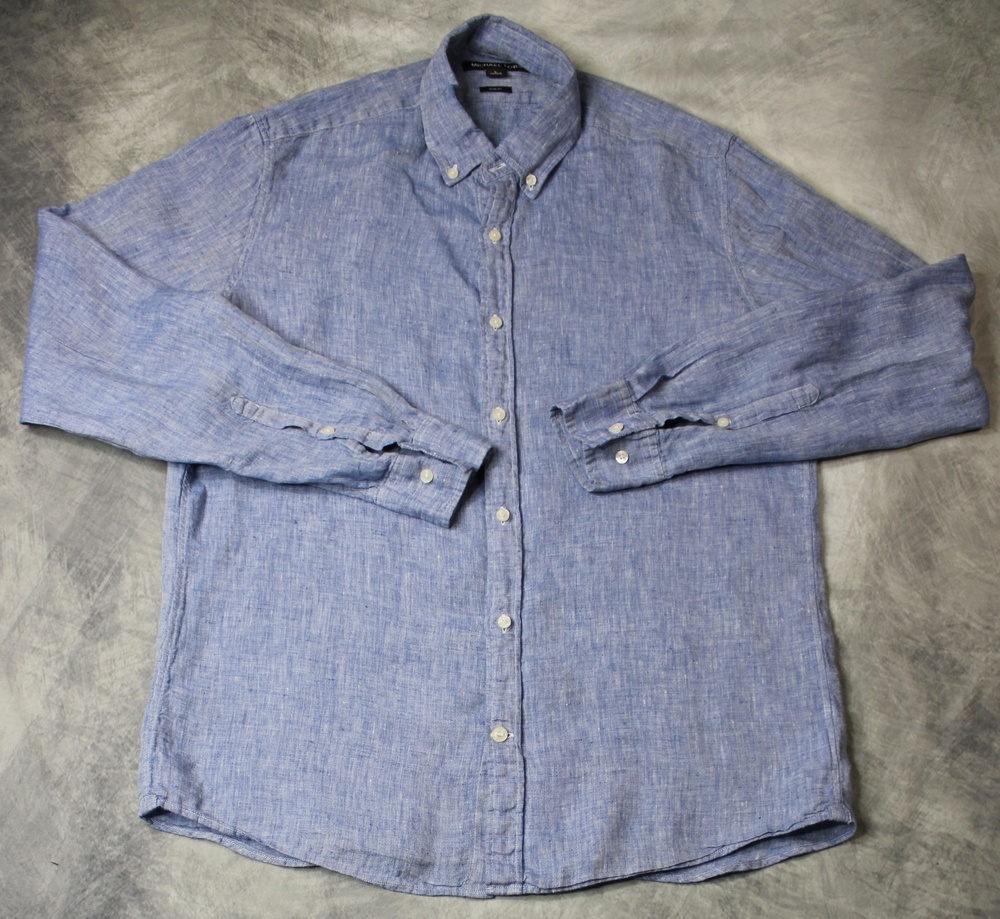 Michael Kors Shirt Mens Large Blue 100% Linen Button Down Slim Fit Long Sleeve